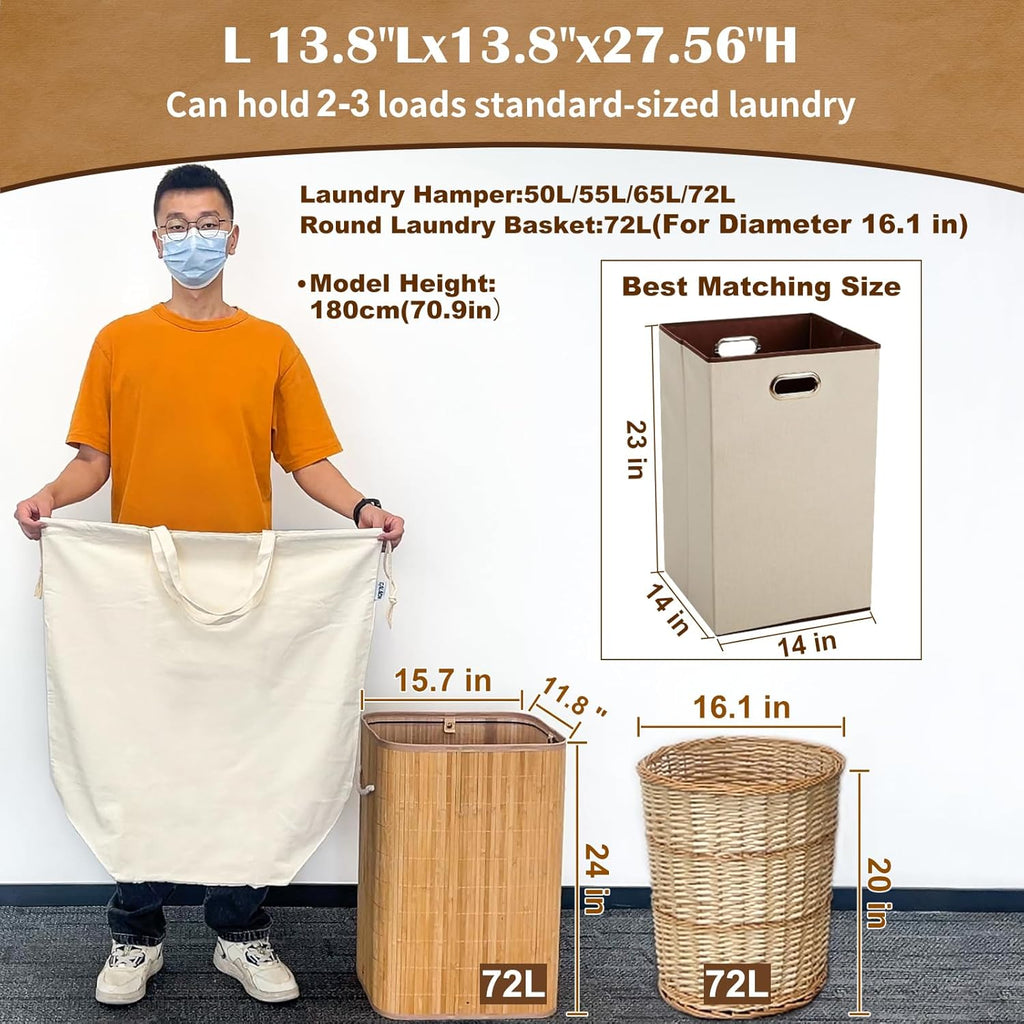 Canvas Laundry Bags with Handles & Square Base 13.8"x 13.8", Large Heavy Duty Laundry Basket Hamper Liner, College Dorm Washable Drawstring Cotton Dirty Clothes Bag (Natural,1 Pack)