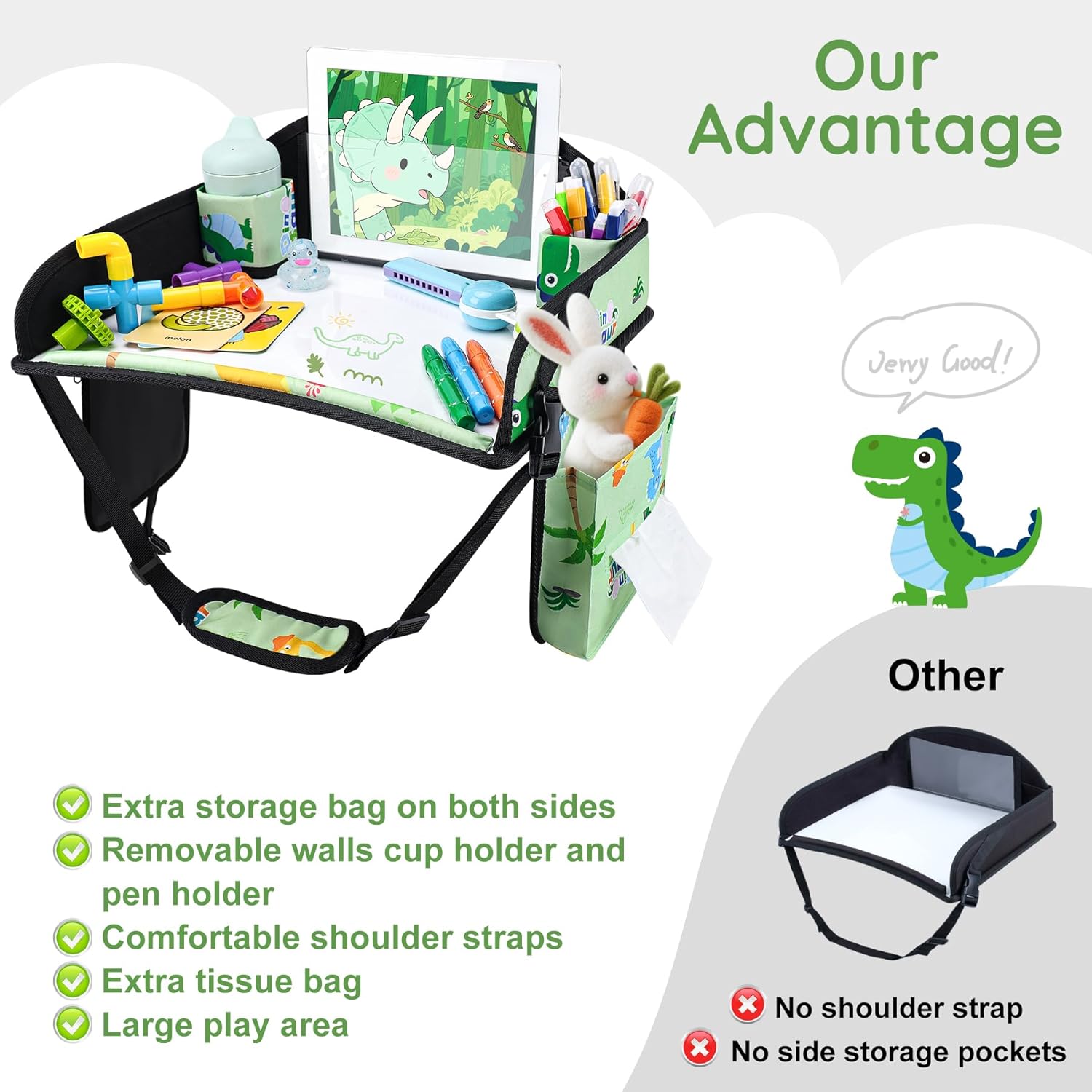 Kids Travel Tray, Kids Travel Trays for Car Seat, Road Trip Essentials for Toddler, Carseat Lap Tray with Dry Erase Board & Storage Organizer for Road Trip Activities for Kid, Green