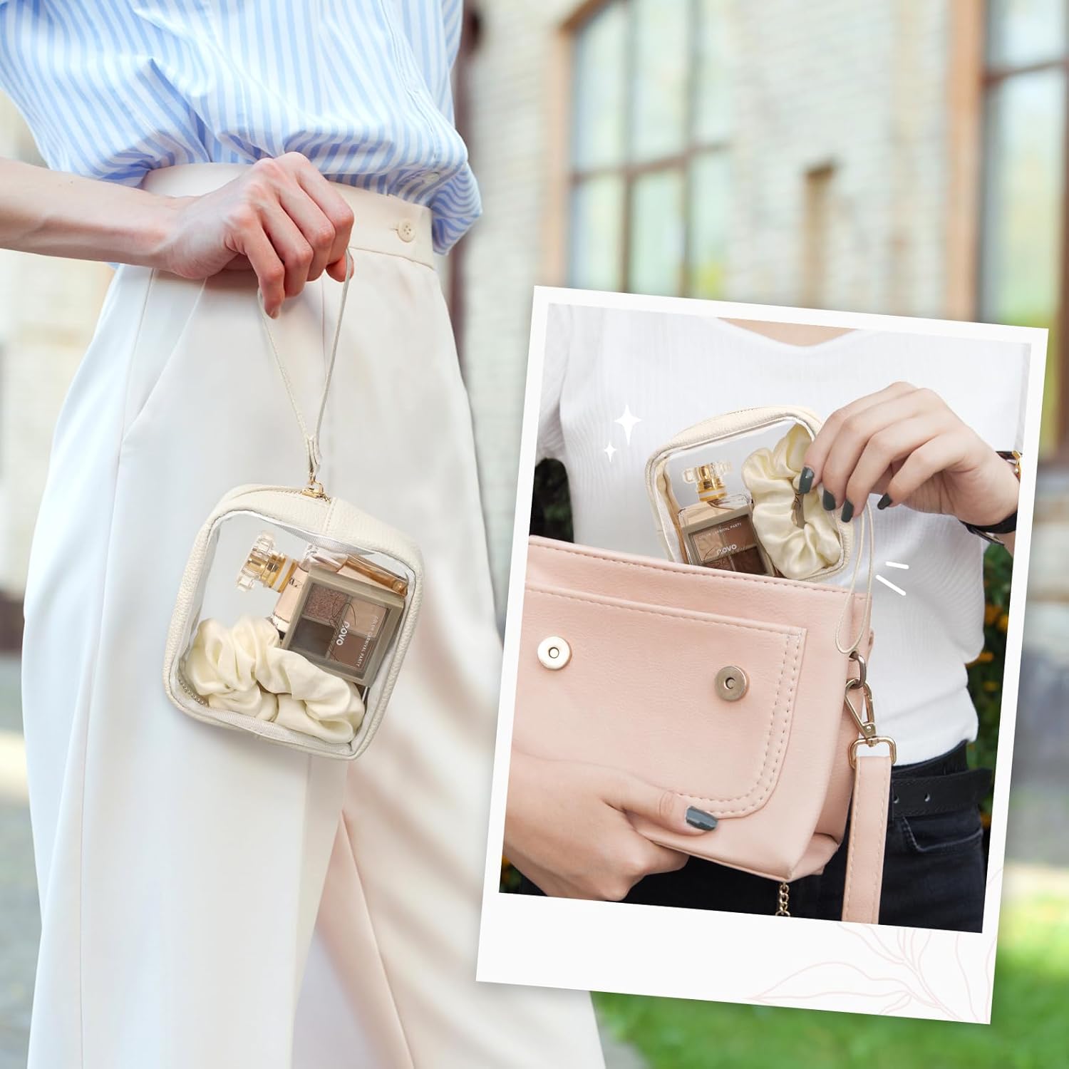 PACKISM Small Clear Makeup Bag - PU Leather Clear Travel Bags for Toiletries Mini Makeup Bag for Purse, Portable Cosmetic Bag Car Bag for Essentials for Women Gift Daily Use (Beige Mini)