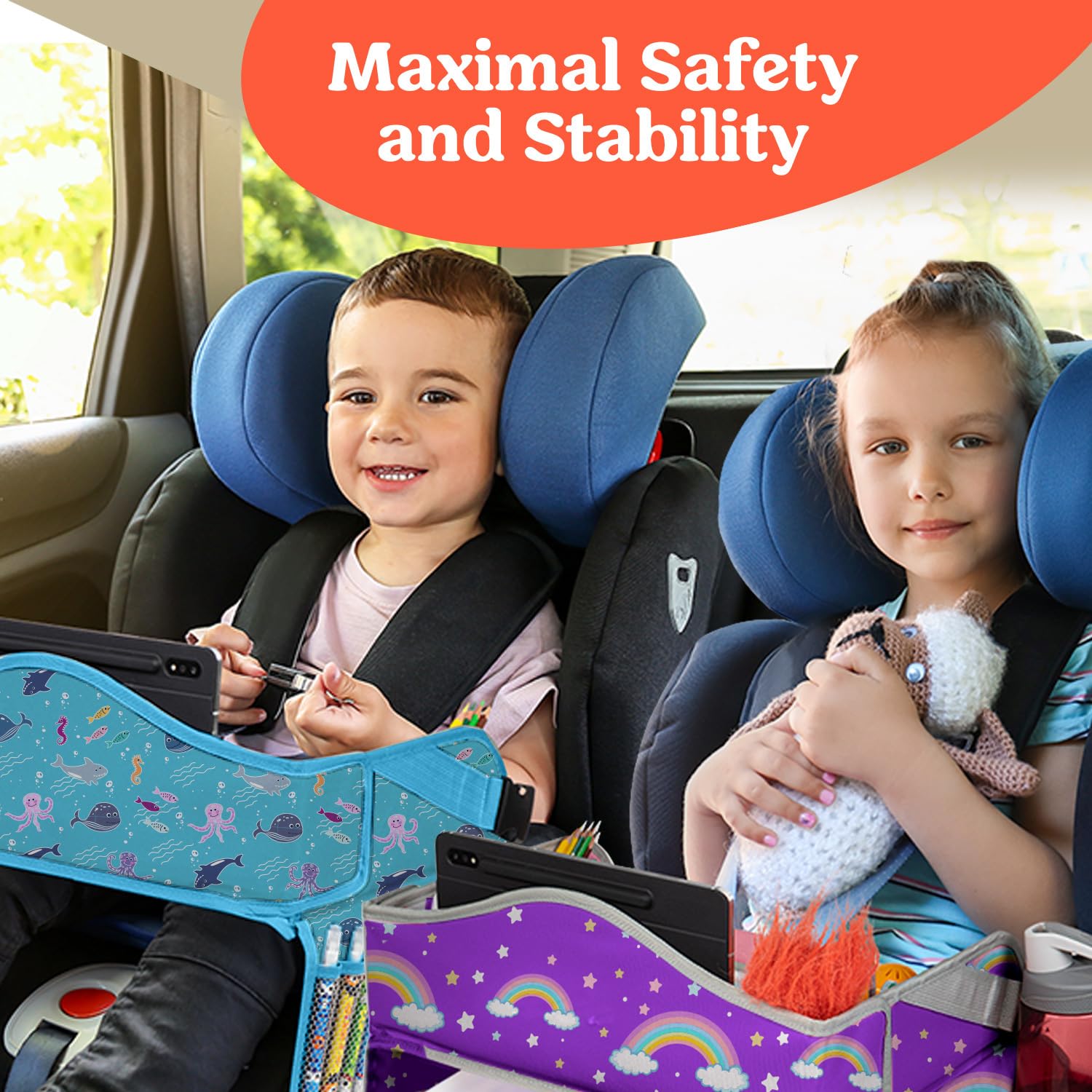 PILLANI Kids Travel Tray for Car - Car Seat Tray for Kids Travel, Road Trip Essentials Must Haves - Carseat Table Roadtrip Activities - Toddler Lap Desk Organizer for Airplane - Kids Travel Essentials
