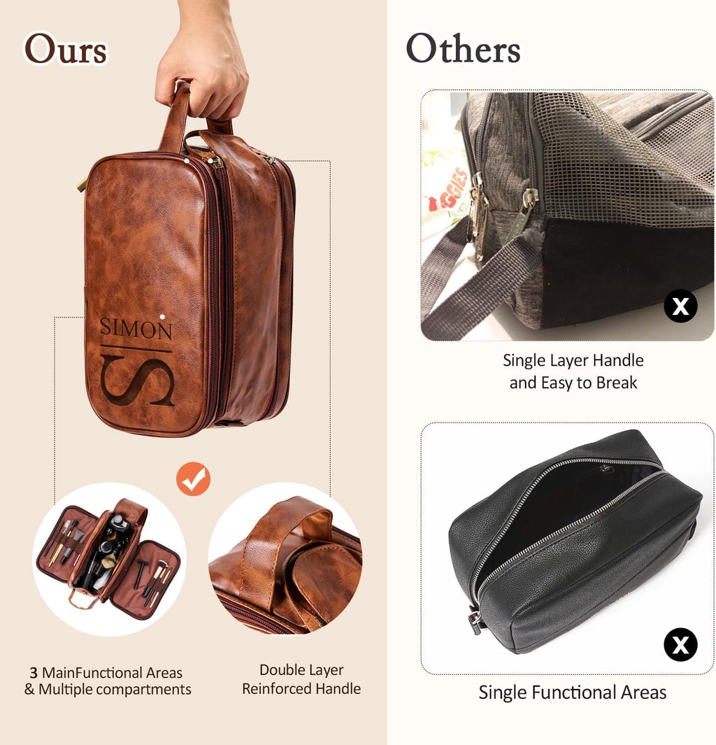 Personalized Leather Toiletry Bag for Men - Double Layer Reinforced Handle,Large Water Resistant Shaving Dopp Kit,Travel Essential,Wedding Groomsmen Gift