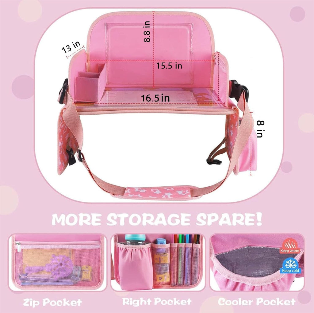 MENZOKE Kids Travel Tray for Toddler Car Seat, Lap Tray for Girl Activities with Dry Erase Board & Cooler Cup Holder, Road Trip Essentials Accessories with No-Drop Large Tablet iPad Holder Stand,Pink