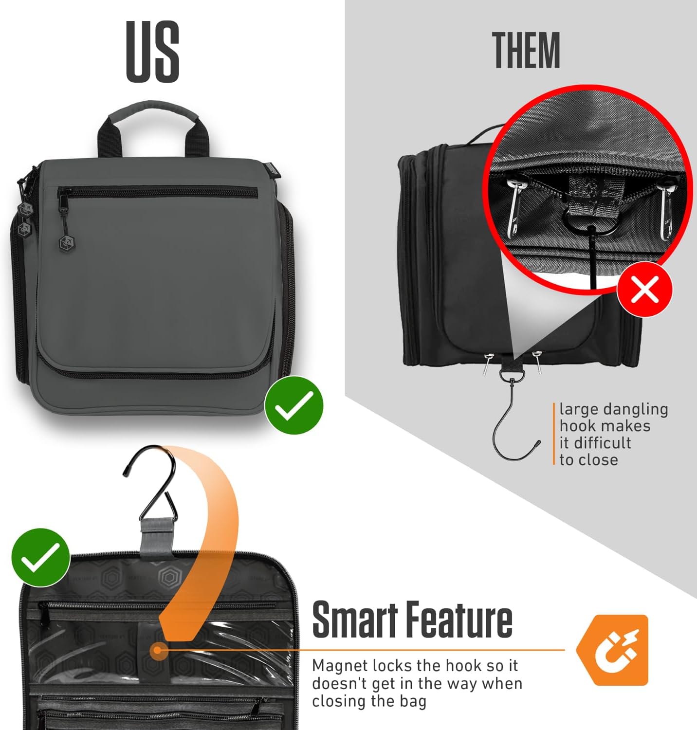 VENTURE 4TH Hanging Travel Toiletry Bag for Women & Men - Travel Organizer with Expandable Compartments & Removable Clear Pouch for Toiletries (Gray)