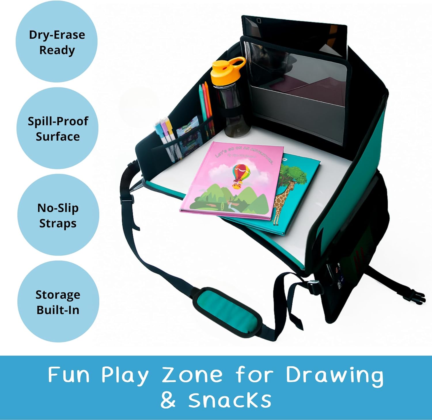 Kids Travel Tray for Car Seat – Teal – The Essential Travel Lap Desk with Removable Tablet Holder, Built-In Storage, and Stabilized Panels, Must Have Car Tray for Kids on Road Trips
