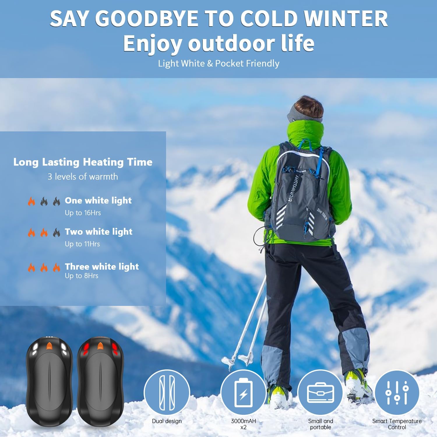 2 Pack Hand Warmers Rechargeable, 6000mAh AI Smart Chips Hand Warmers, Long Lasting Portable Heater for Christmas Xmas, Golf, Hunting Gear, Camping Accessories