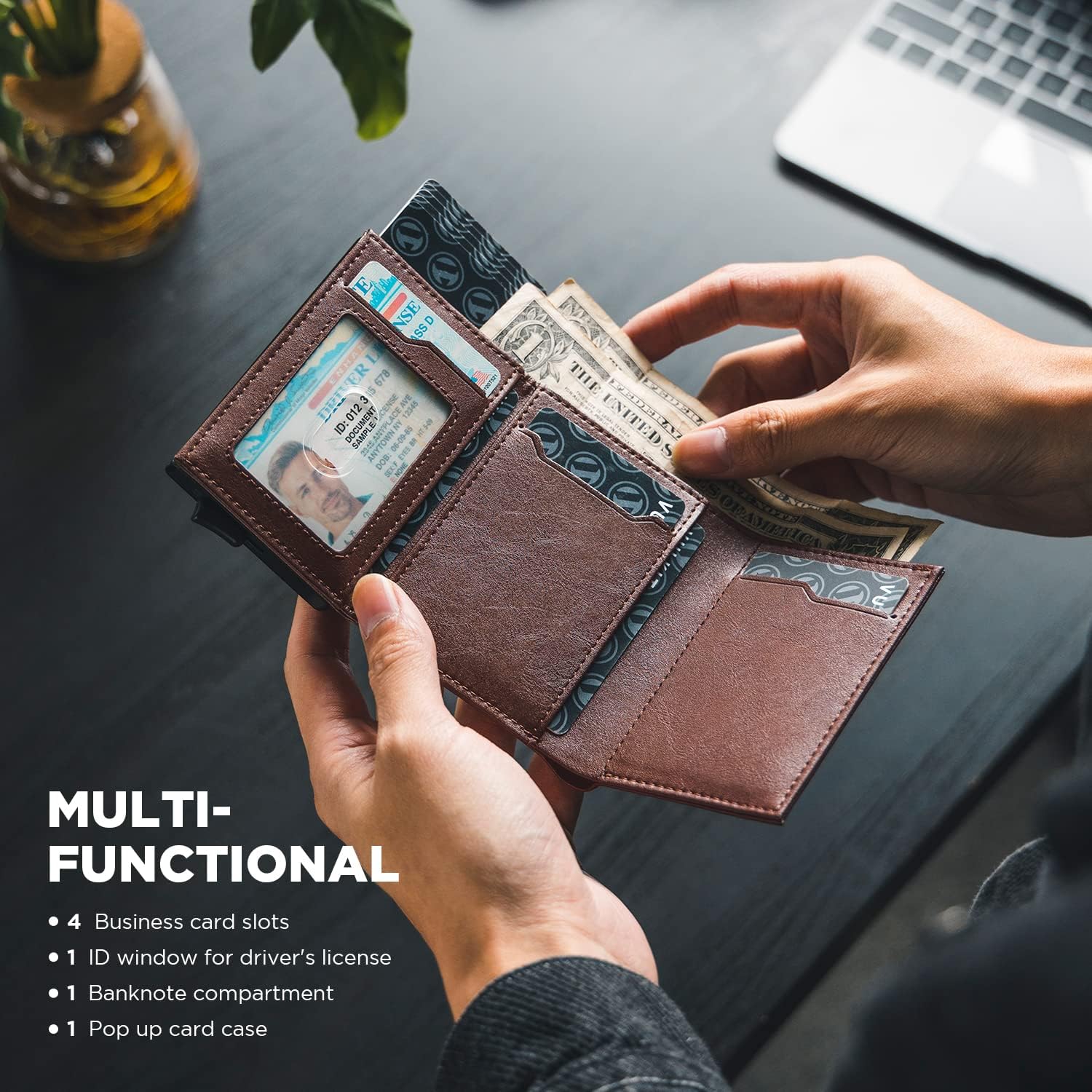 VULKIT Pop up Card Wallet Minimalist Cash Wallets RFID Blocking Leather Smart Credit Card Holder with ID window for Men(Espresso)