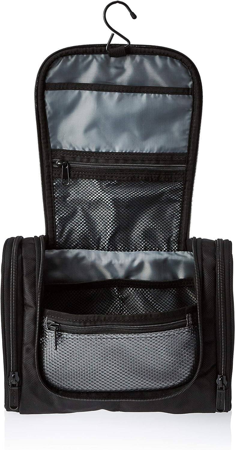 Basics Travel Toiletry Bag for Men and Women, Hanging Toiletry Bag, Dopp Kit with 2 Side Pockets, Multiple Interior Pockets, Durable 1680D Polyester, Handles Bathroom Spills/Splashes, Black