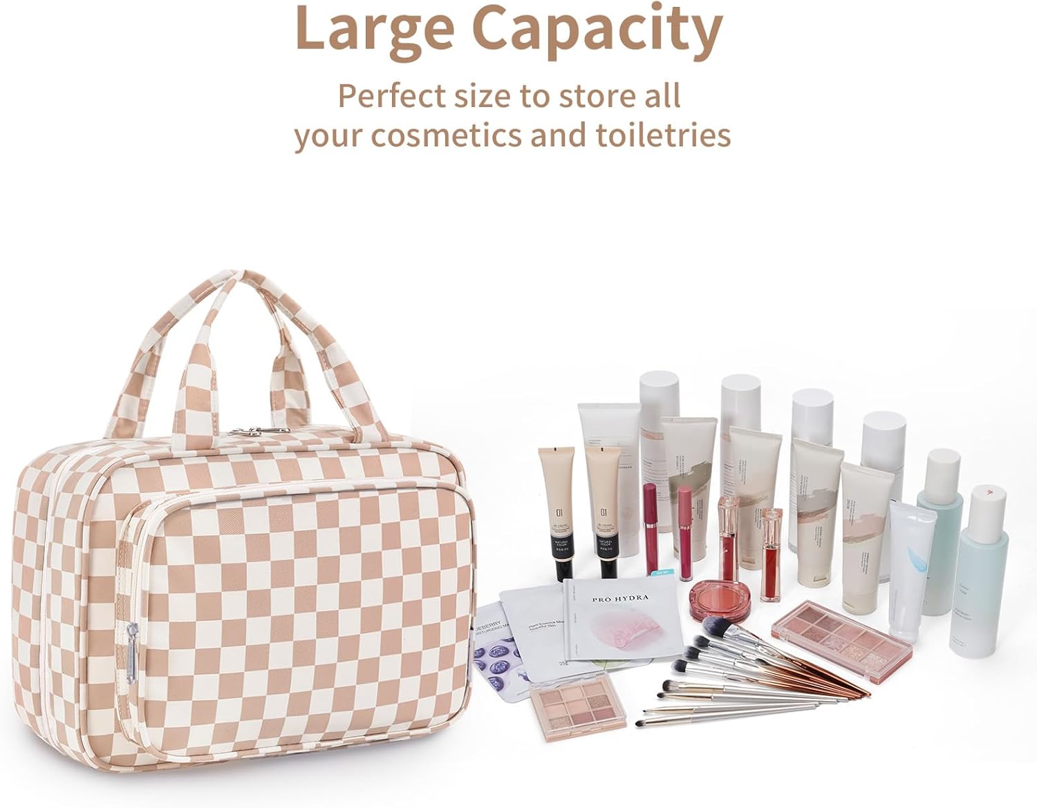 Travel Toiletry Bag for Women Large Hanging Makeup Bag Organizer Toiletries Bag for Full Size Essentials Accessories Cosmetics (Light Checkerboard (Large))