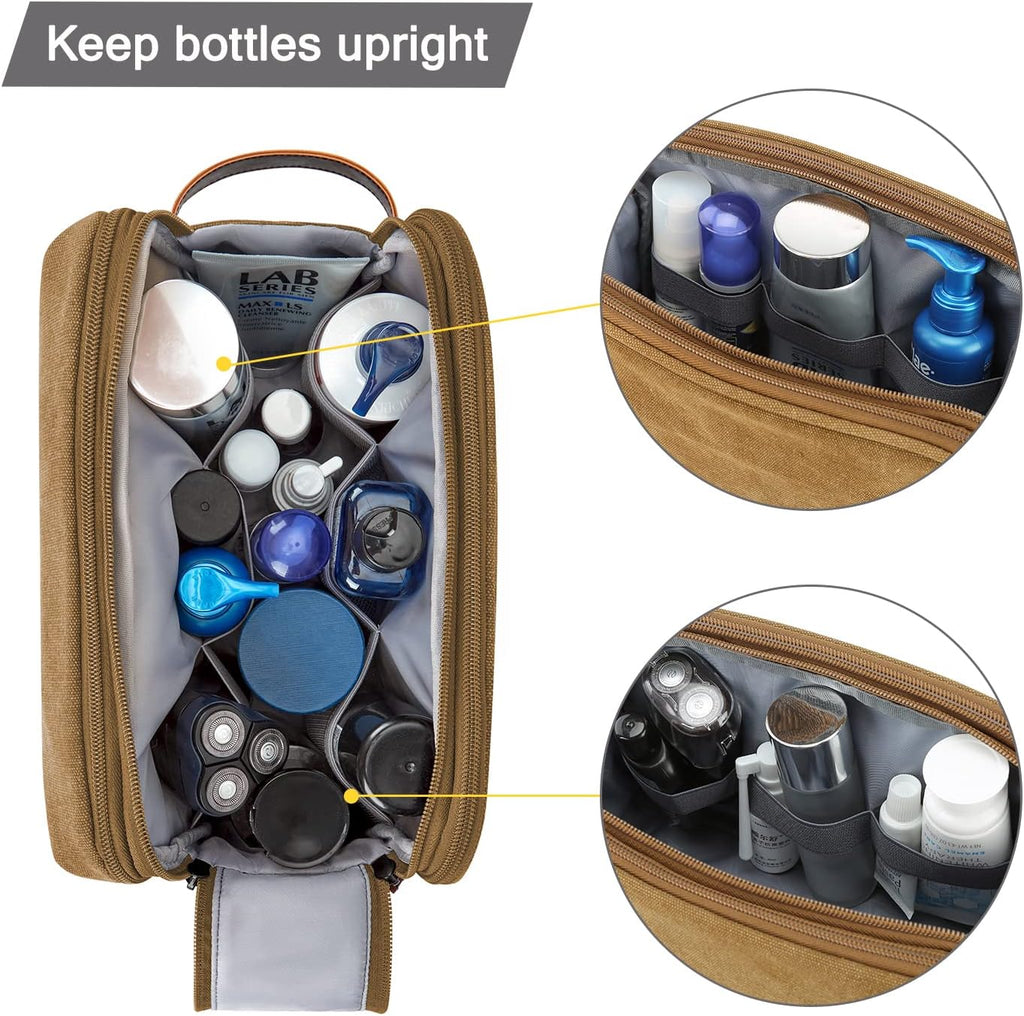 BAGSMART Toiletry Bag for Men, Canvas Travel Toiletry Organizer Dopp Kit Water-resistant Shaving Bag for Toiletries Accessories,Khaki-Large