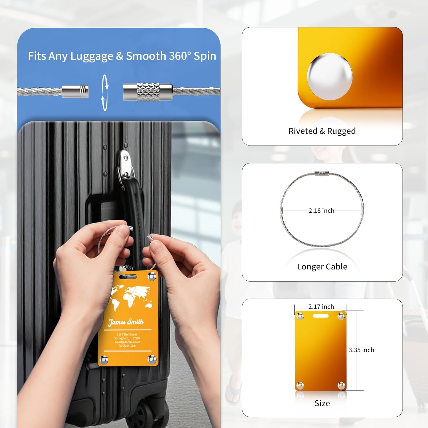 6 Pack Personalized Luggage Tags for Suitcases, Handmade Engraved Stainless Steel Custom Luggage Tags for Cruise Travel with Stainless Loop, Suitcase Identifier Metal Name Baggage Tag