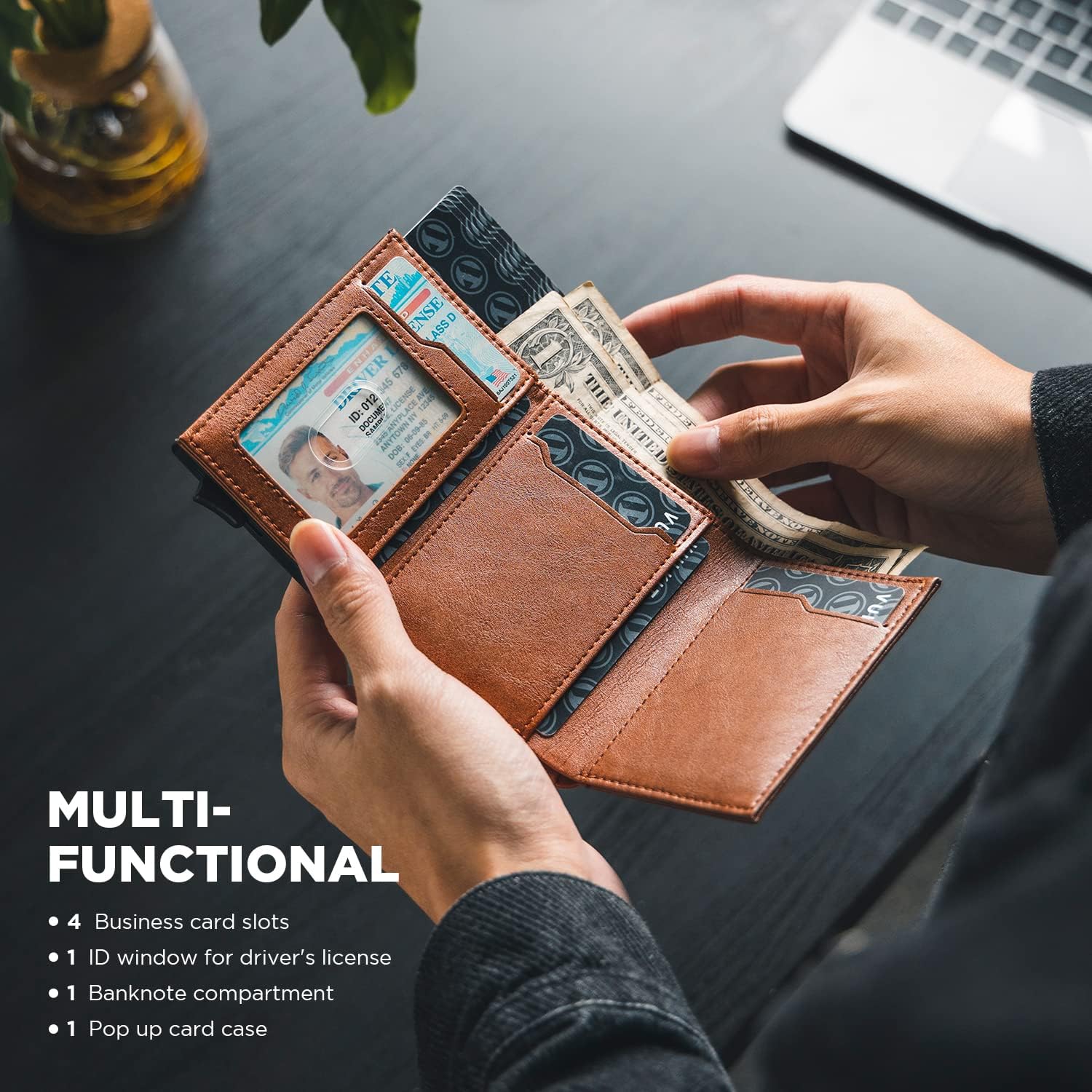 VULKIT Pop up Card Wallet Minimalist Cash Wallets RFID Blocking Leather Smart Credit Card Holder with ID window for Men(Brown)