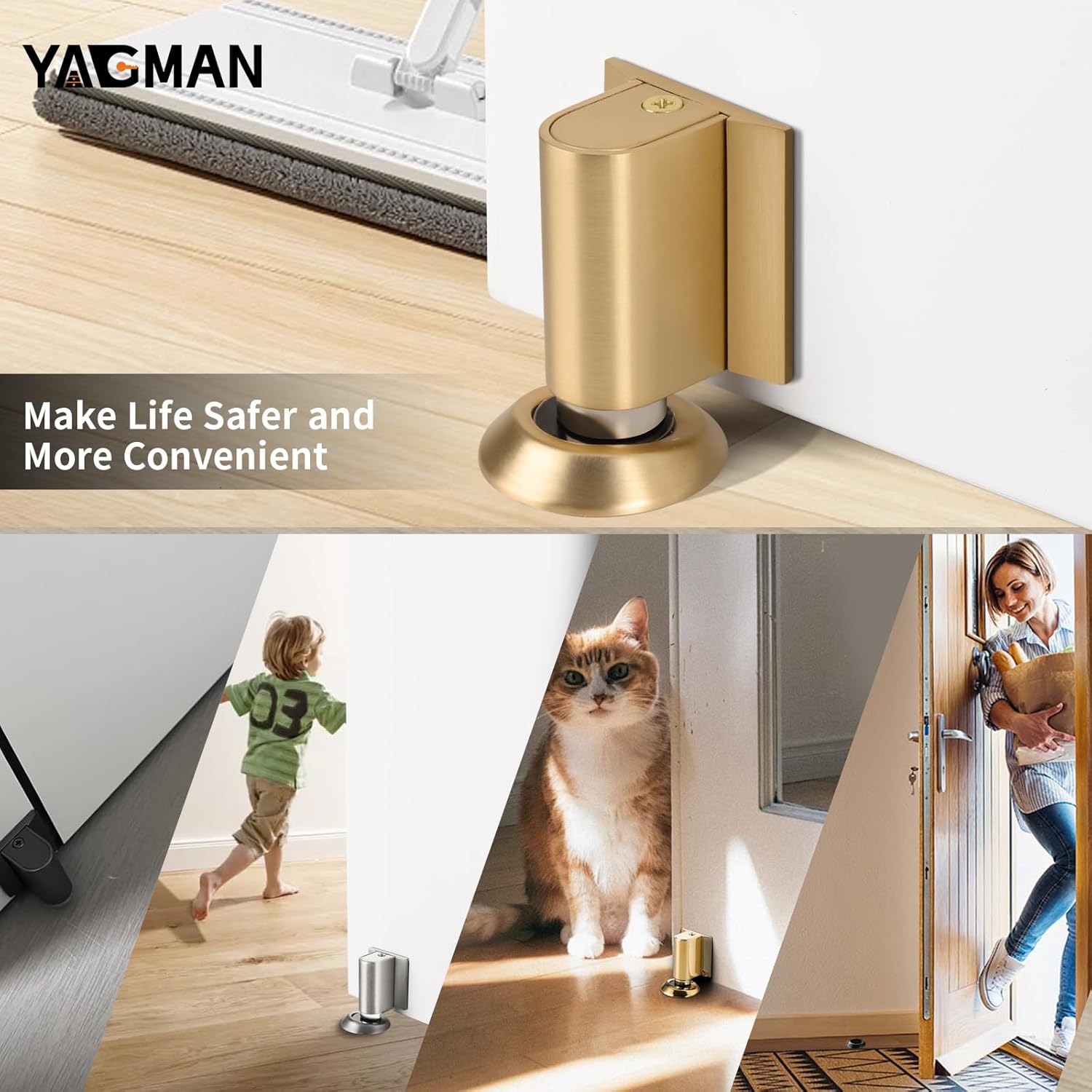 1 Pack Magnetic Door Stoppers Retractable Bottom of Door Holder No Drilling Mount Floor Door Stop with Screws and Adhesive Catch Door Keep Door Open Brushed Gold BG-1