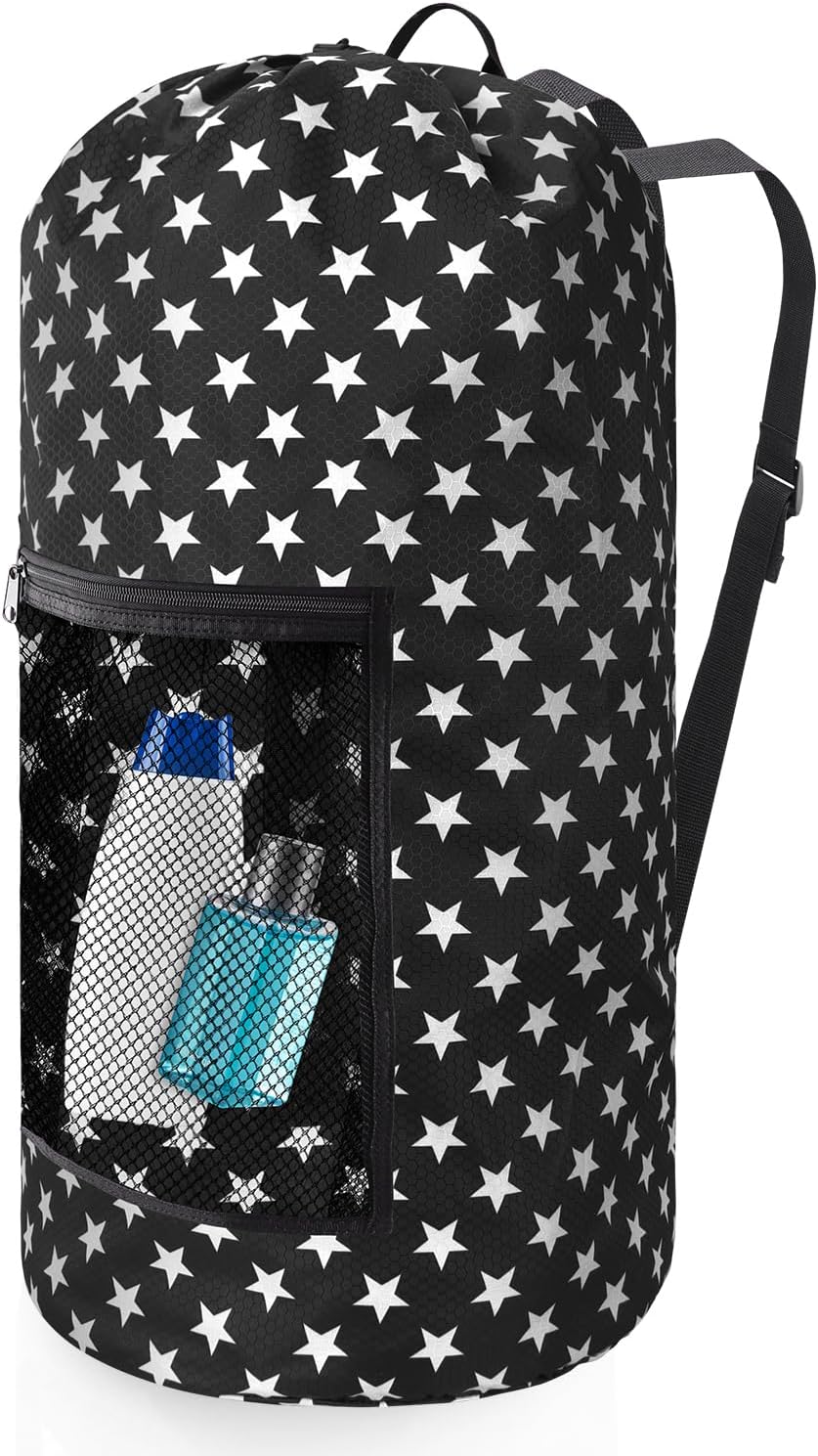 Portable Laundry Bag Backpack with Adjustable Straps & Mesh Pocket - Drawstring Closure for College, Apartment, Camping (Star Shape)