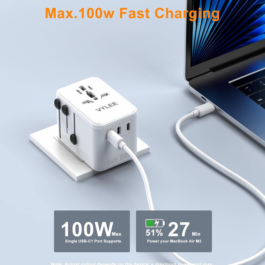 PD100W GaN Universal Travel Adapter, International Power Adapter in One, 3 USB C & 1 USB A & AC Outlet, Travel Adapter Worldwide Plug Adapter with USA EU UK AUS Plugs for Laptops,Tablets,Phones