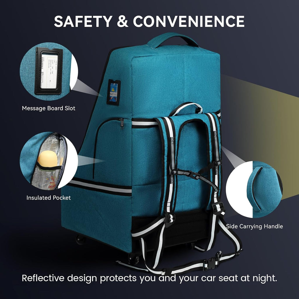Rolling Car Seat Travel Bag, Padded Carseat Travel Backpack for Airplane,Large Durable Carseat Travel Bag with 4 Wheels,Adjustable Shoulder Strap and Waterproof Base Blue