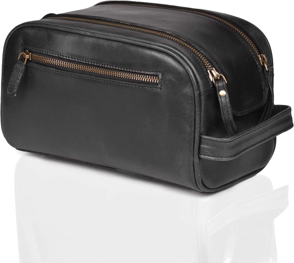 LEATHER VILLAGE Premium Leather Toiletry Travel Pouch With Waterproof Lining - Black | King-Size Handcrafted Vintage Cosmetic Organizer & Shaving Essential Bag