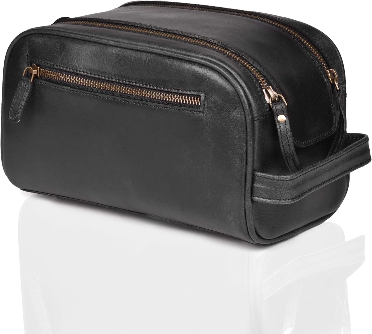 LEATHER VILLAGE Premium Leather Toiletry Travel Pouch With Waterproof Lining - Black | King-Size Handcrafted Vintage Cosmetic Organizer & Shaving Essential Bag