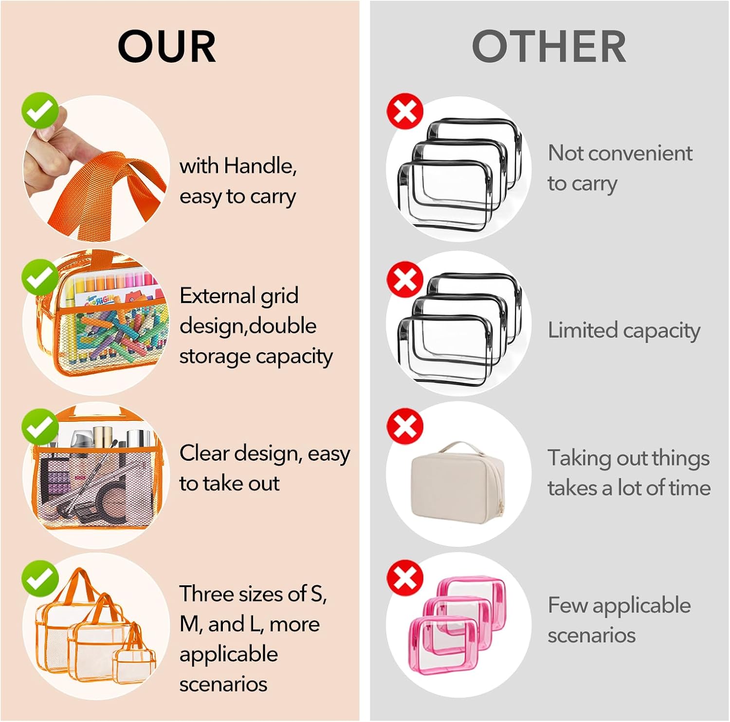 XEWEA Clear Travel Toiletry Bags, 3 Pack TSA Approved Transparent Makeup Bag for Men Women, Large Waterproof PVC Quart Organizer with Zipper for Toiletries Airline Essentials,Toy Storage Pouch Orange