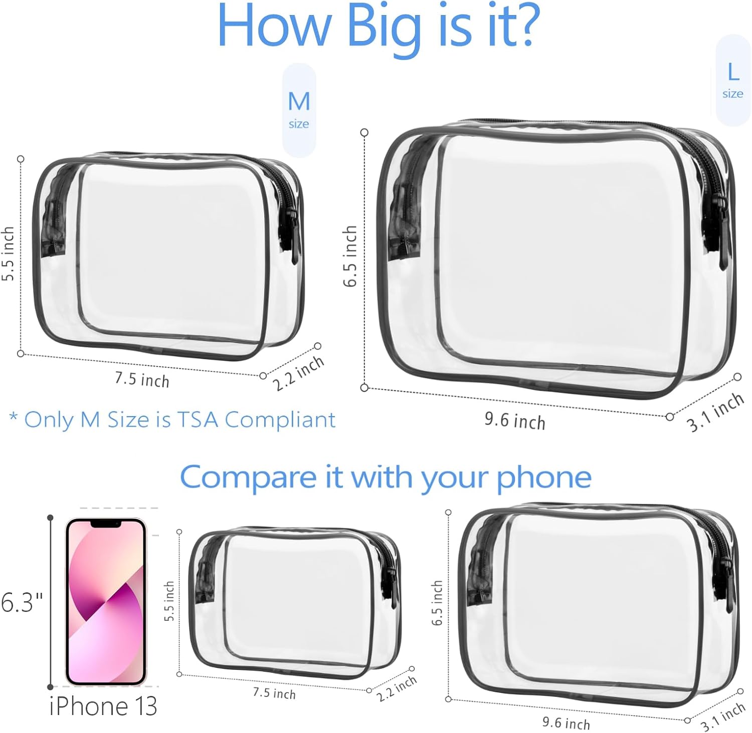 PACKISM TSA Approved Toiletry Bag - Clear Makeup Bags in 2 Size, Durable with Supporting Frame, Perfect for Travel Essentials, Carry-on Airport Airline Compliant Bag, Black