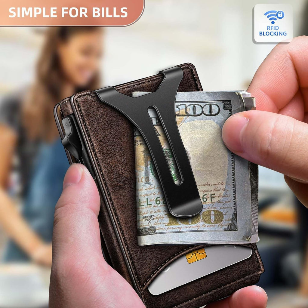 BULLIANT Men Wallet,Money Clip Wallet Slim For Gift Men 9Cards-Metal Credit Card Case in Magnetic Leather Flip