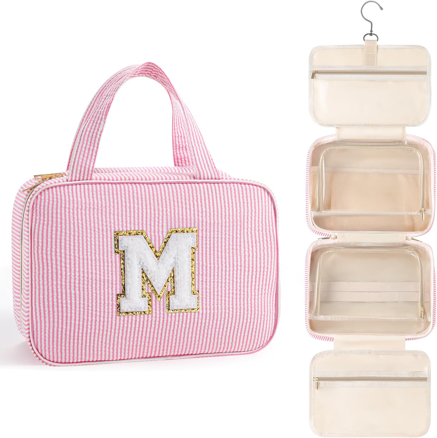 TOPEAST Birthday Gifts for Women Teen Girls - Hanging Toiletry Bag Initial Makeup Bag, Personalized Initial Cosmetic Bag Toiletry Bag, Gifts for Women Teen Girls Daughter Sister - Letter M, Pink