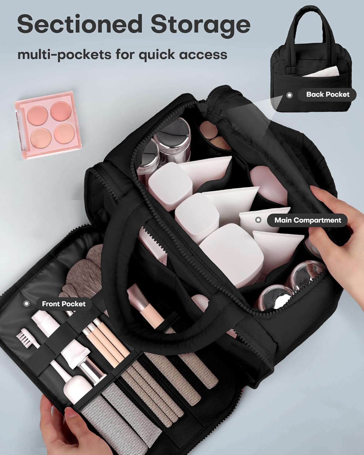 HOTOR Travel Toiletry Bag - Wide-Open Toiletry Bag for Women, Multi-Pocket Makeup Bag for Travel Essentials, Wet & Dry Separation Travel Accessories for Trip, Gym, 12.6" x 6.3" x 8.9", Black