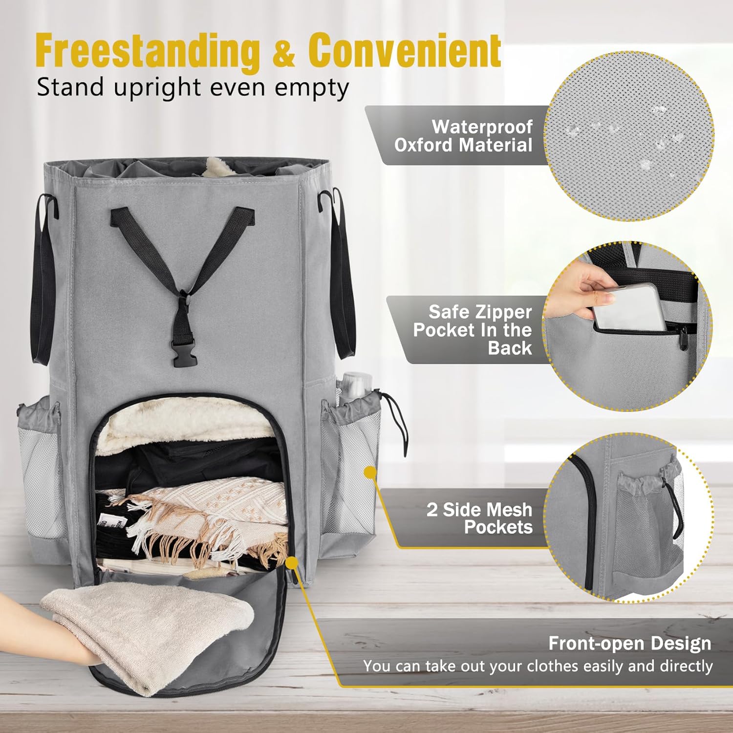 Laundry Bag Backpack Extra Large, 110L Laundry Backpack Heavy Duty with Shoulder Straps, Collapsible and Mesh Pocket Dorm Laundry Basket Hamper Bag for College, Travel, Laundromat, Apartment Grey