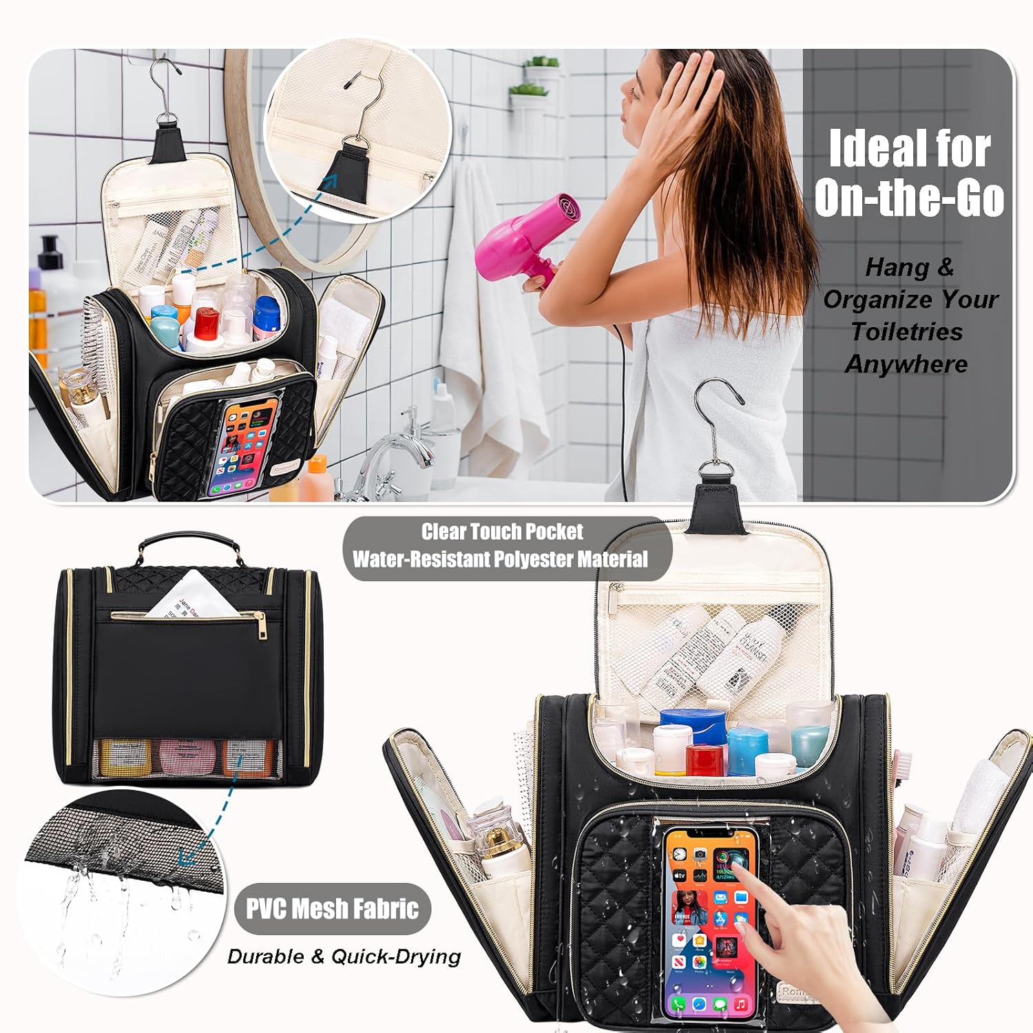 Travel Toiletry Bag for Women, Hanging Toiletry Bag, Bathroom Bag Portable Shower Caddy for College Dorm Travel Shower Bag for Women Water-Resistant Cosmetic Makeup Bag (Black)