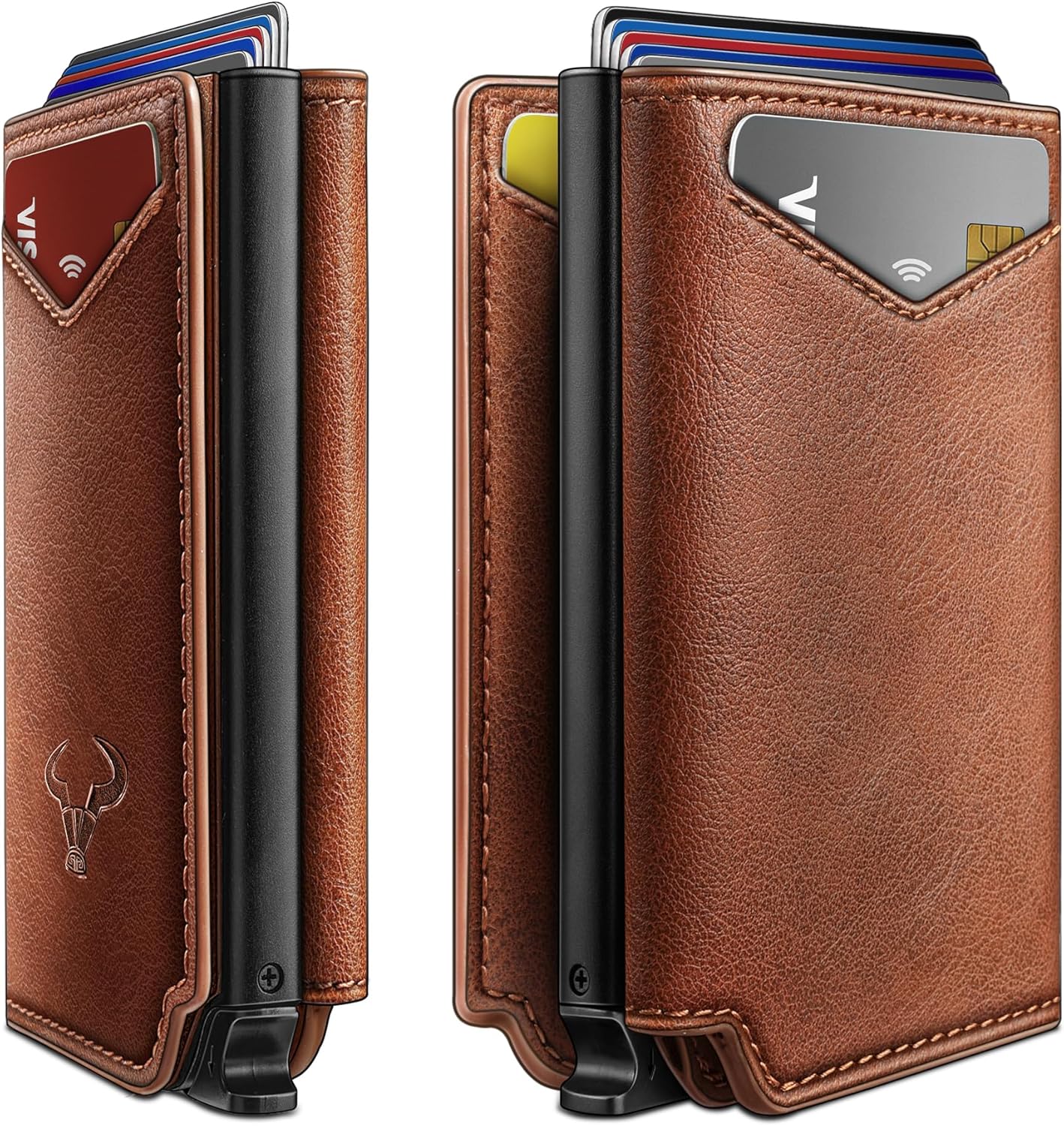 BULLIANT Men Wallet Leather Wallet Card Holders Money Clip for Men 10Cards-Magnetic Flip on Metal Case