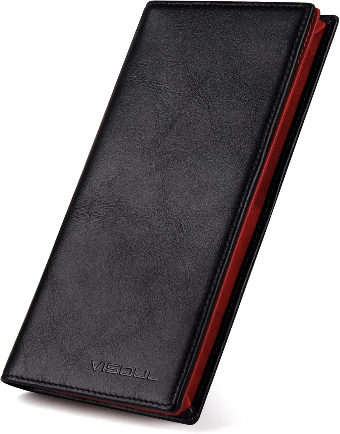VISOUL Mens Leather Long Bifold Checkbook Wallets with RFID Blocking, Contrast Colors Breast Pocket Tall Billfold Secretary Wallet for Men with Card Slots (Black and Burgundy)