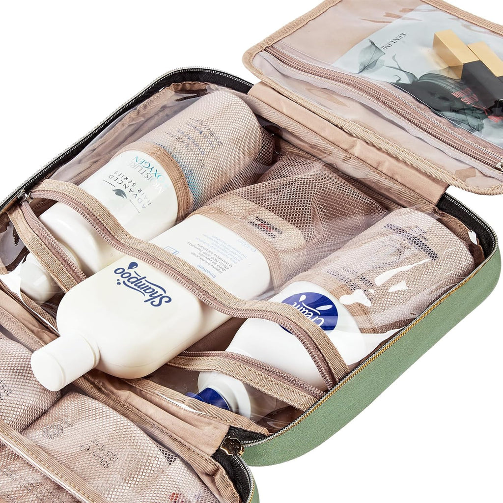 NISHEL Large Double Layer Travel Makeup Bag Women, Cosmetic Case, Organizer for Travel-Size Accessories Bottles, Brushes, Conditioner, and Skin Care Products, Bronze Green