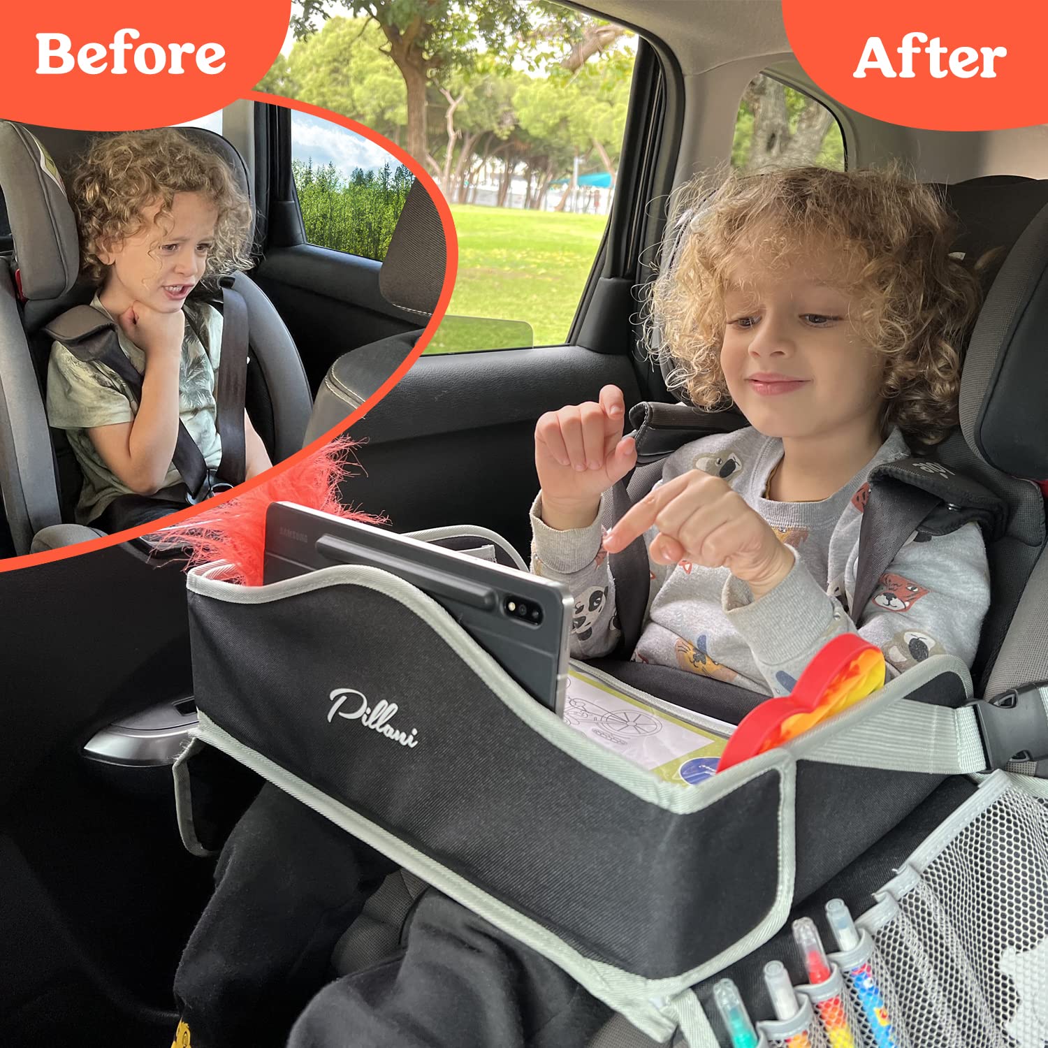 PILLANI Kids Travel Tray for Car - Car Seat Tray for Kids, Road Trip Essentials Must Haves - Carseat Table Roadtrip Activities - Toddler Lap Desk Organizer for Airplane - Travel Essentials - Pack of 2