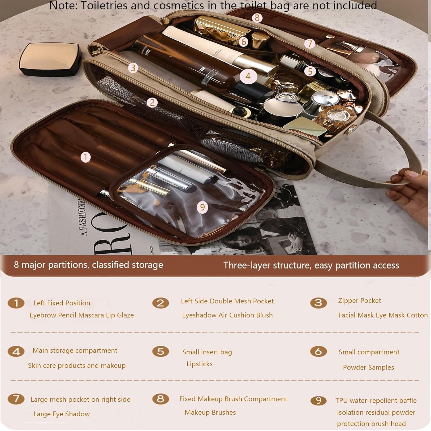 Travel Toiletry Bag for Women PU Leather Triple-layer Double Zipper Toiletry Bags,Waterproof with Handle Mens Toiletry Bag Stowable Brushes, Toiletries Makeup for Business Trips Camping Bathroom Brown