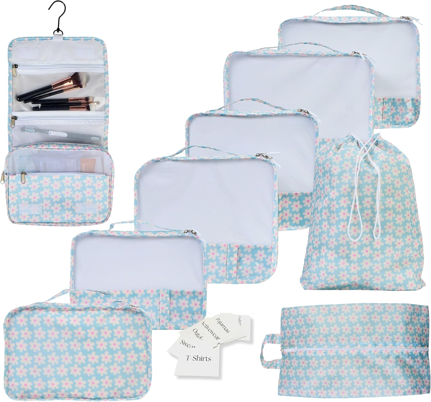 9 Set Packing Cubes - Suitcase Organizer, Cute Packing Cubes, Travel Bags Organizer for Luggage with Hanging Toiletry and Shoe Bag, Travel Essentials for Women, Men and Kids -Blue Flower