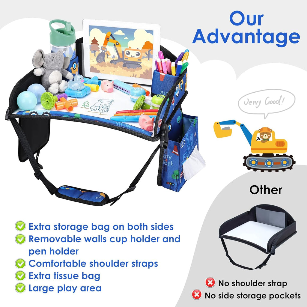Kids Travel Tray for Car-Car Seat Tray for Kids Travel, Carseat Table Top for Toddler Road Trip Essentials With Drawing Kit, Kids Lap Desk Organizer for Car, Airplane (Dark Blue Car)