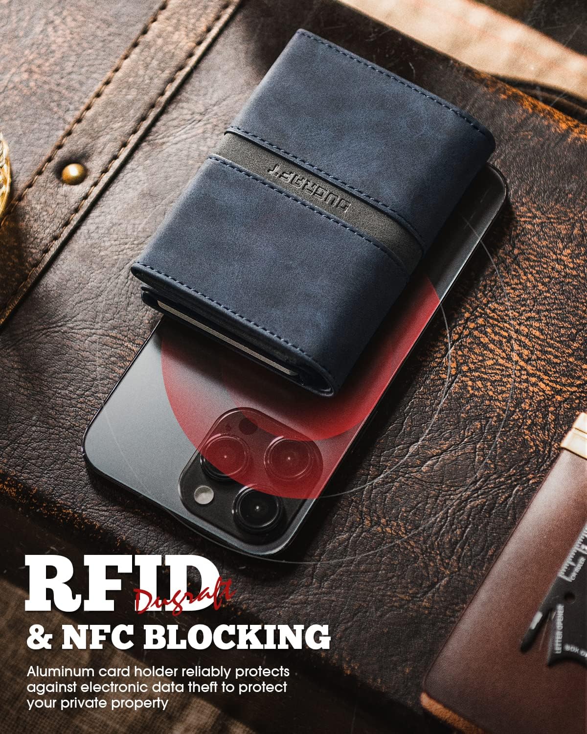 DUGRAFT Card Holder Wallet with ID Window, Leather Mens RFID Blocking Minimalist Pop-Up Wallet Aluminum Metal Credit Card Case with Banknote Compartment