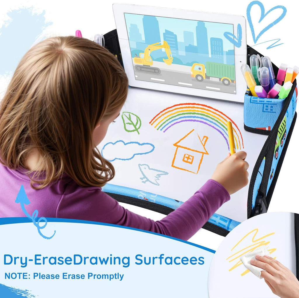 Kids Travel Tray, Kids Travel Trays for Car Seat, Road Trip Essentials for Toddler, Carseat Lap Tray with Dry Erase Board & Storage Organizer for Road Trip Activities for Kid, Light Blue