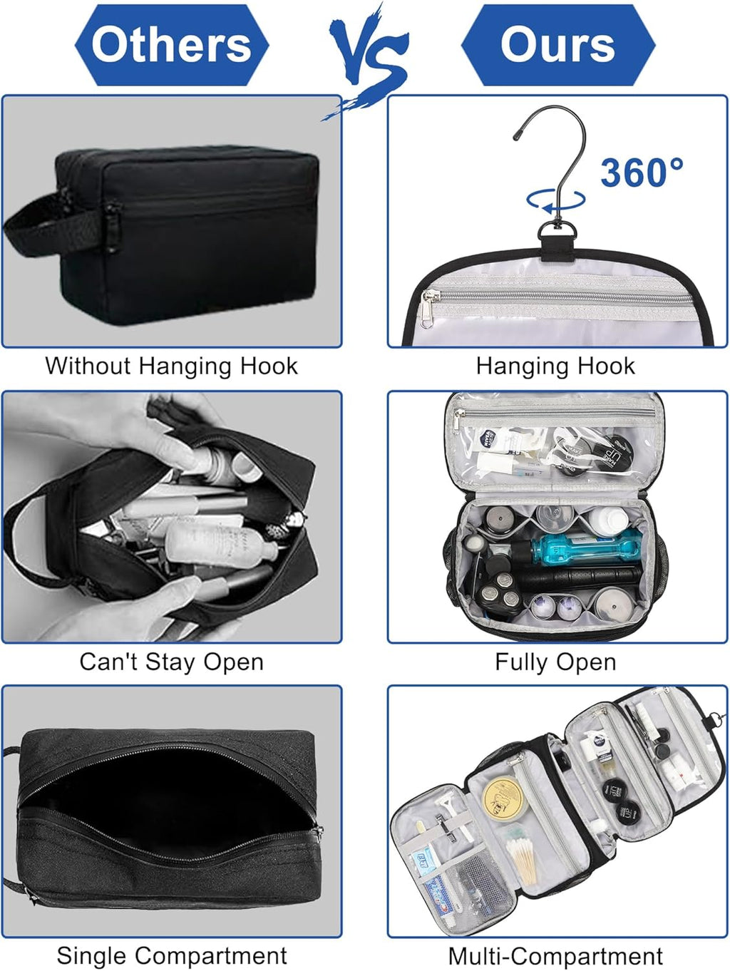 Relavel Toiletry Bag for Men, Hanging Toiletries Bag for Women Water Resistant Dopp Kit Shaving Bag, Travel Essentials Large Capacity Organizer Case for Toiletries Accessories, Black