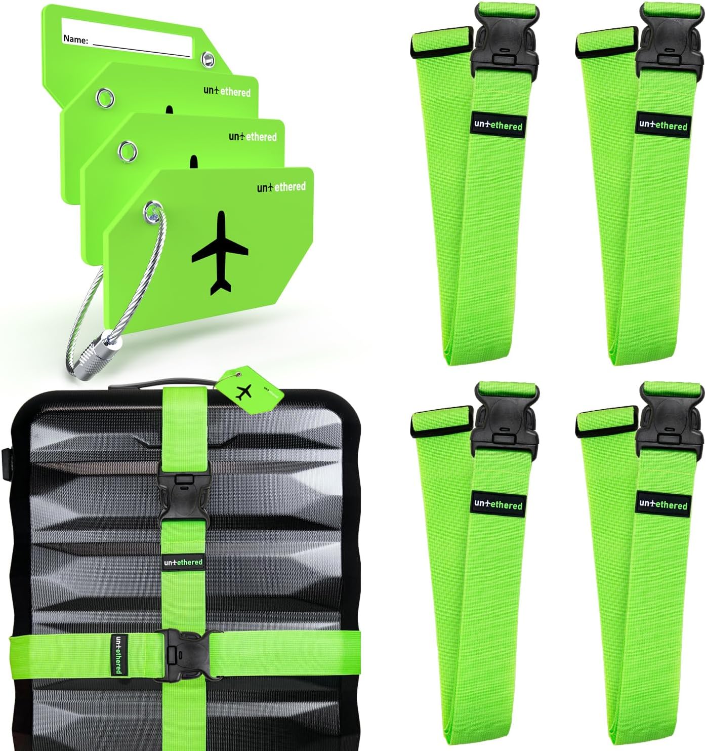 Untethered Ultimate Travel Set: 4 Premium Luggage Straps and 4 Silicone Tags - Secure & Identify Your Bags with Ease (Green + Tags)