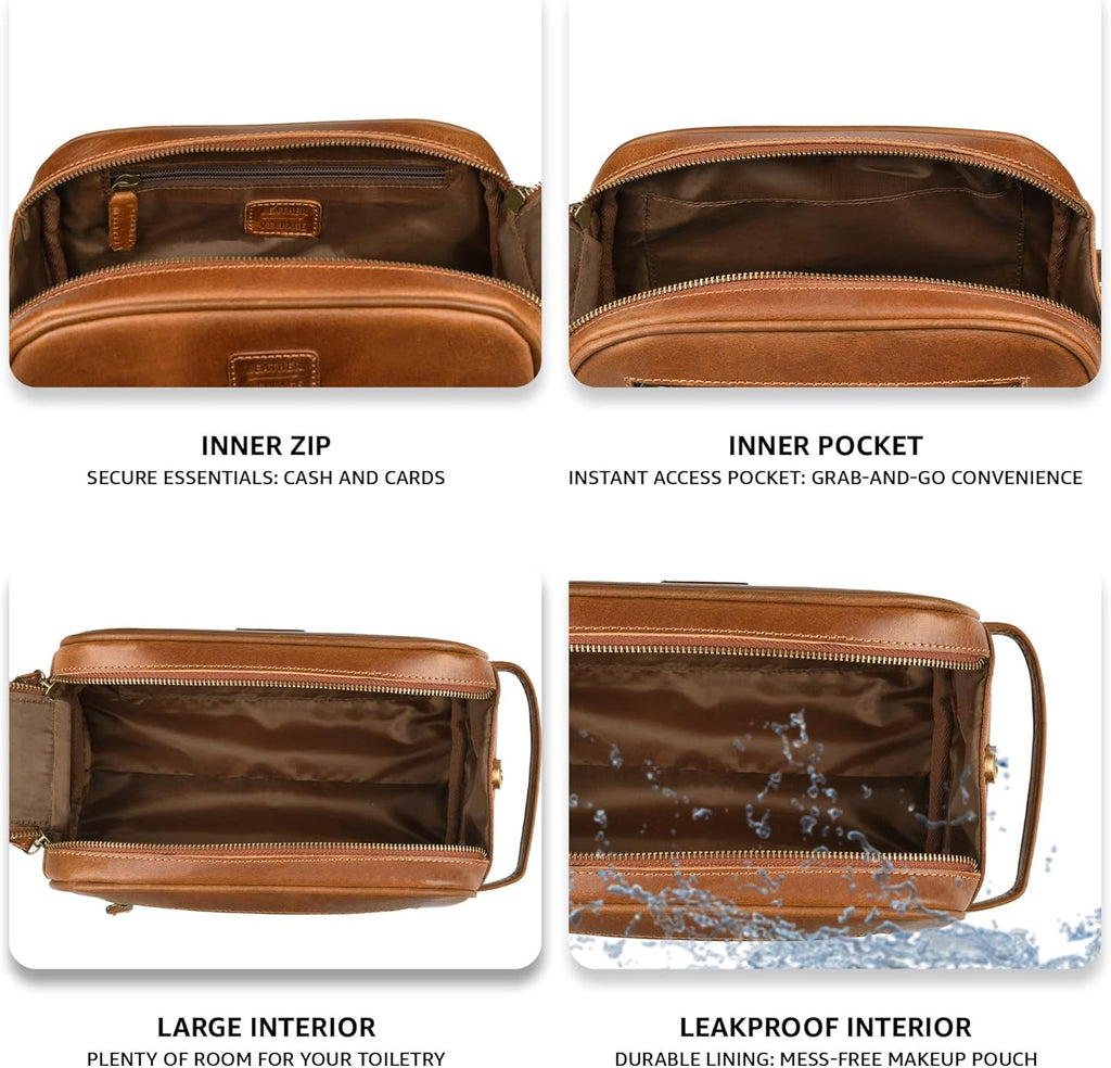 LEATHER VILLAGE Premium Leather Toiletry Travel Pouch With Waterproof Lining - Sun Tan | King-Size Handcrafted Vintage Dopp Kit Bag