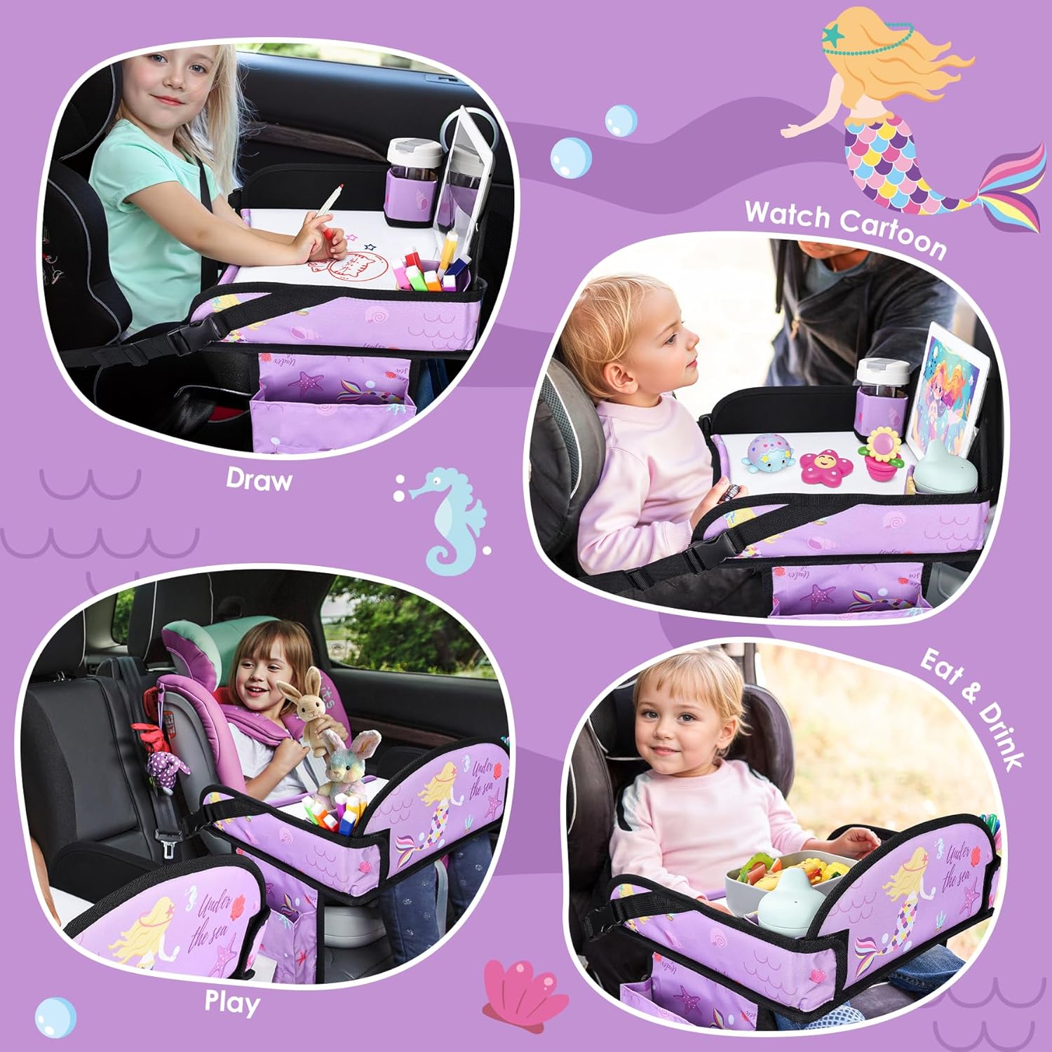 Kids Travel Tray for Car-Car Seat Tray for Kids Travel, Carseat Table Top for Toddler Road Trip Essentials With Drawing Kit, Kids Lap Desk Organizer for Car, Airplane (Purple Mermaid)