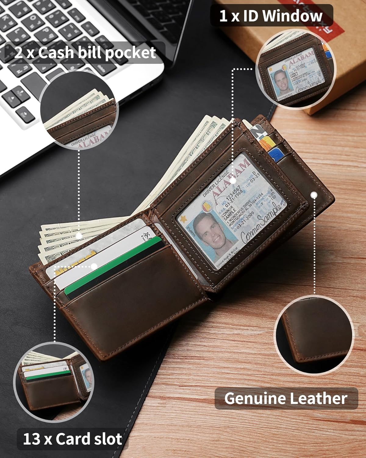 Mens Wallet Genuine Leather Bifold RFID Blocking Wallet for Men with 1 ID Window 13 Card Holders 2 cash pockets 1 Gift Box