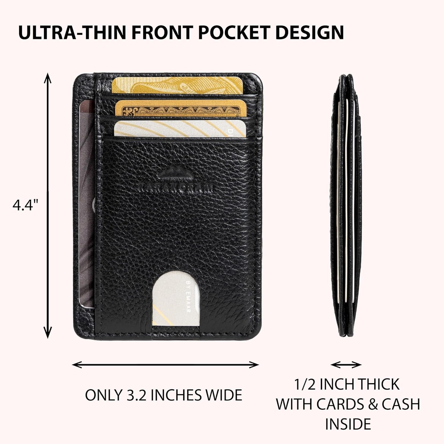 KARAKORAM Vertical Handcrafted Premium Leather Front Pocket Credit Card Holder with RIFD Protection | Artisan Made Slim Leather Wallet | Finger Glide Slots for Cards and ID (Jet Black)