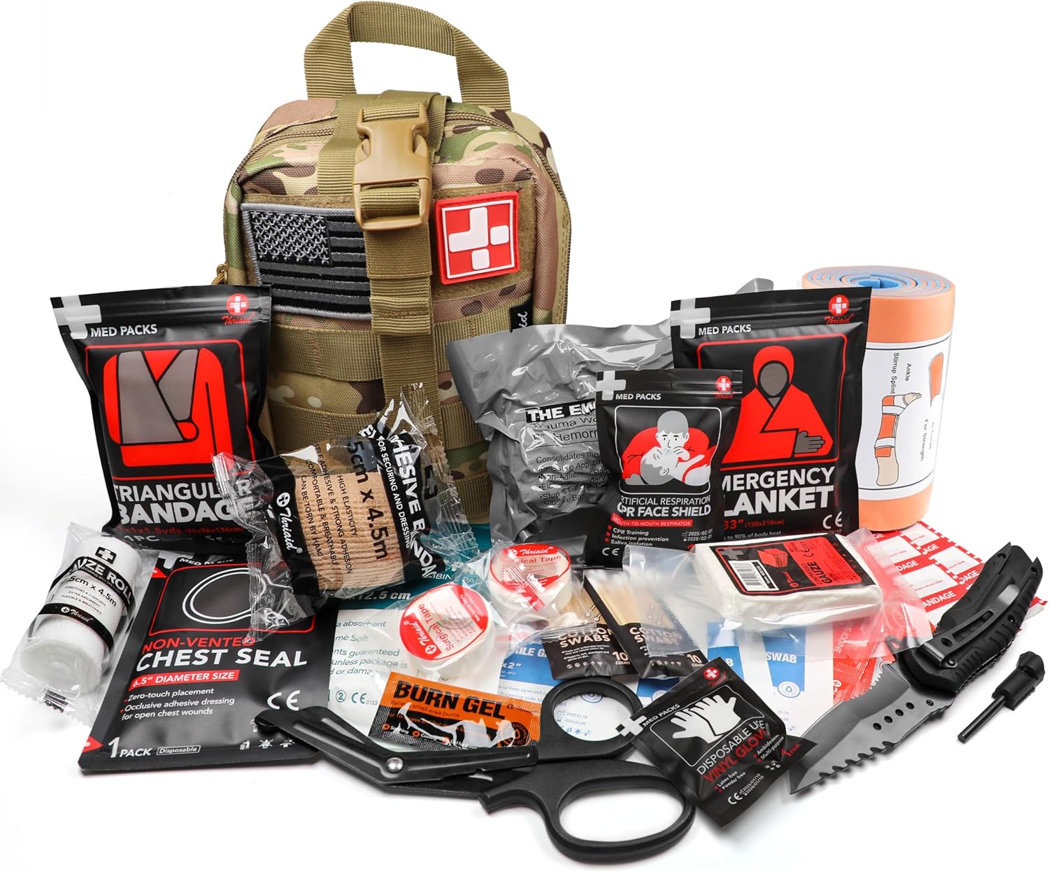 Survival First Aid Kit with Israeli Bandage, Splint, Chest Seal, Tactical Military Combat Molle IFAK for Wound Care, Bleeding Control, Trauma Hemorrhage and More