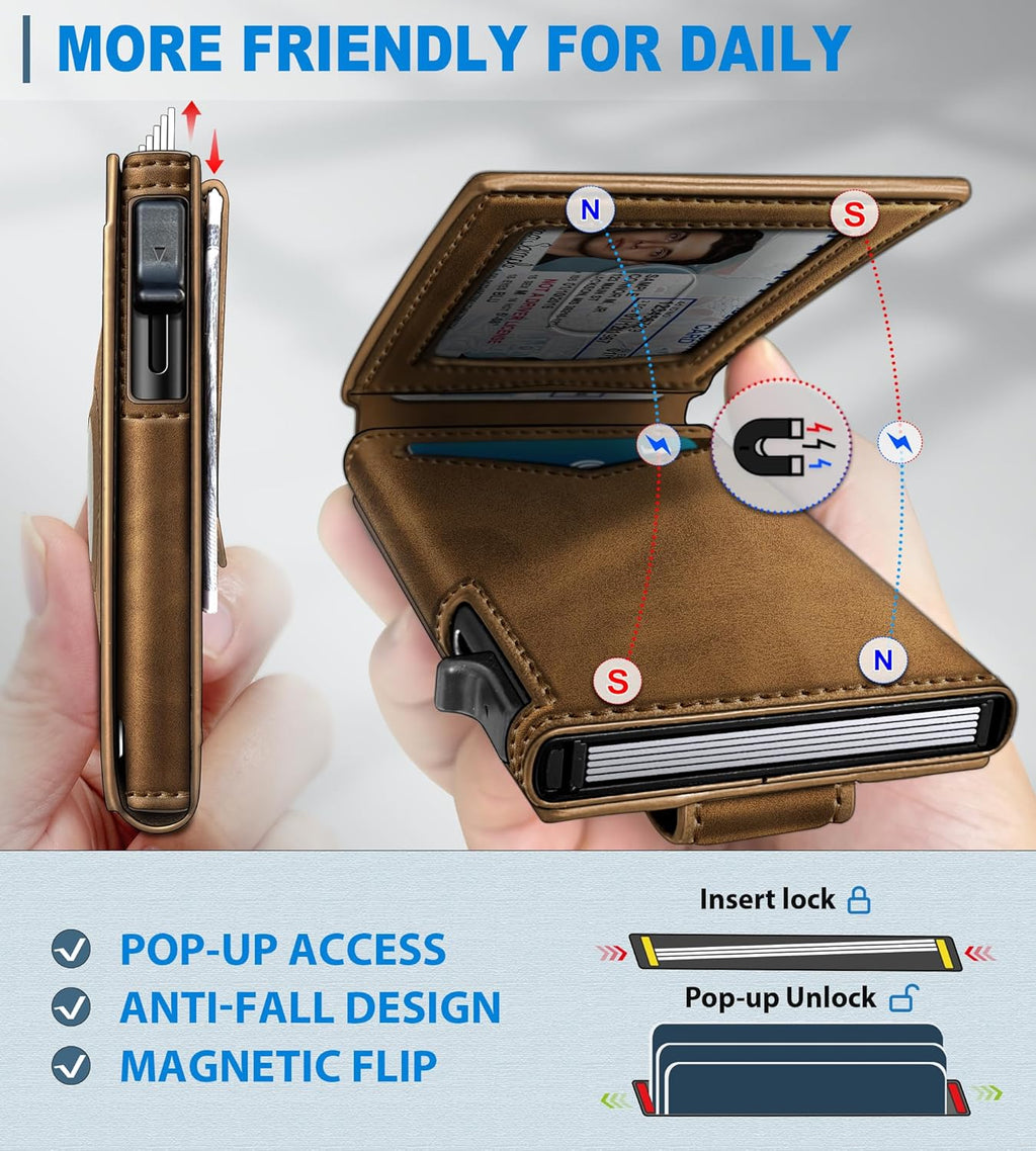 Airtag Wallet for Men,with Money Clip Gift Boxed,Slim Front Pocket Wallet RFID Blocking Metal Case Smart Pop-up Credit Card Holder in Magnetic Leather Flip