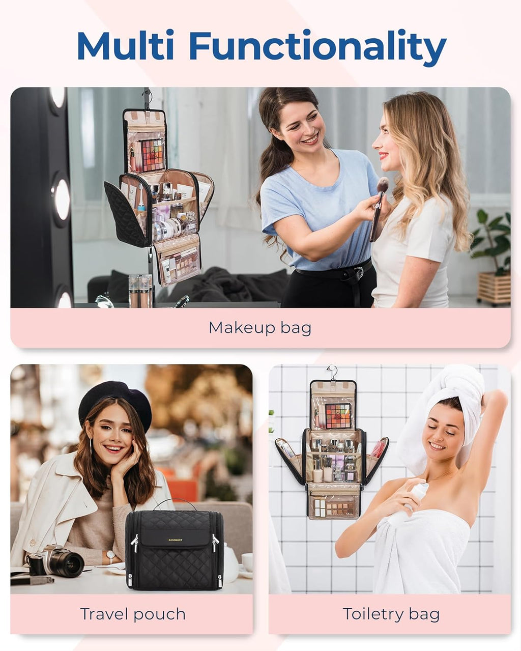 BAGSMART Hanging Travel Toiletry Bag, Large Capacity Water-resistant Cosmetic Organizer with Handle for Brushes Accessories, Black