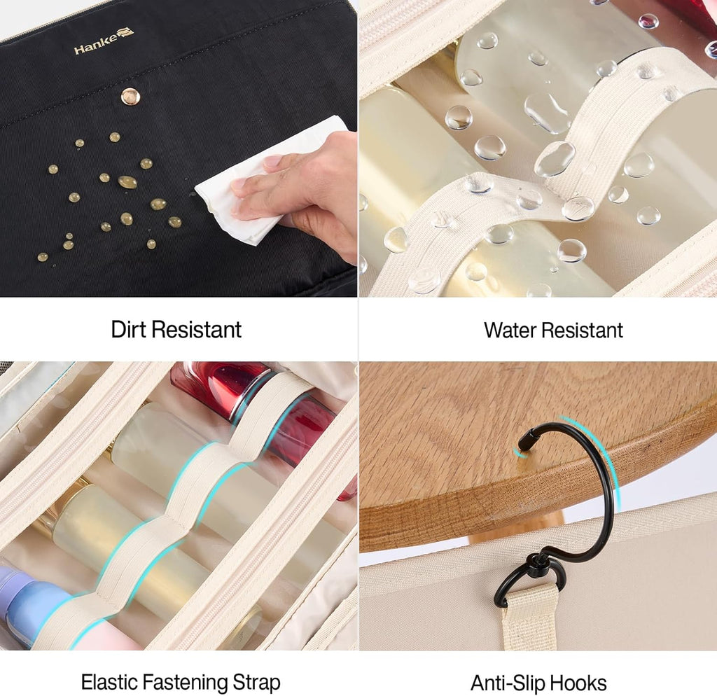 Hanke Hanging Travel Toiletry Bag for Women with Jewelry Organizer Compartment, Travel Essentials Toiletries and Makeup Bag, Water-Resistant & Stain-Resistant with Trolley Strap (Black)