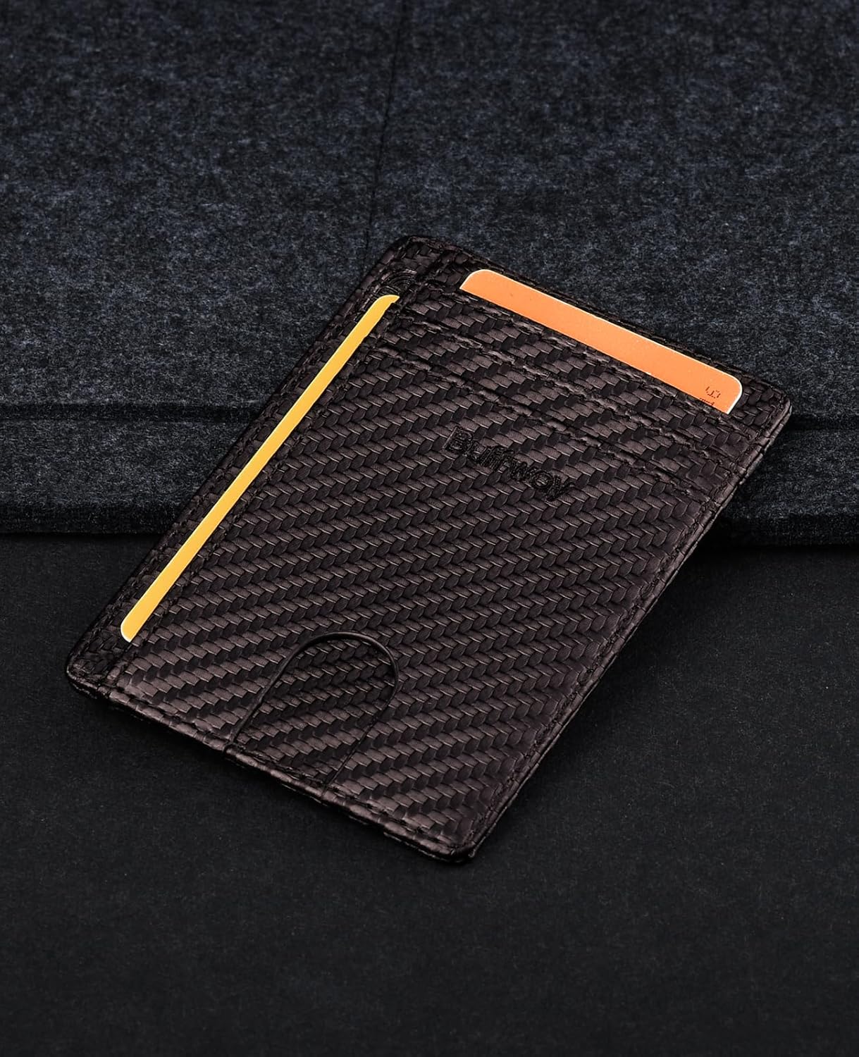 Buffway Slim Minimalist Front Pocket RFID Blocking Leather Wallets for Men and Women - Carbon Fiber Coffee