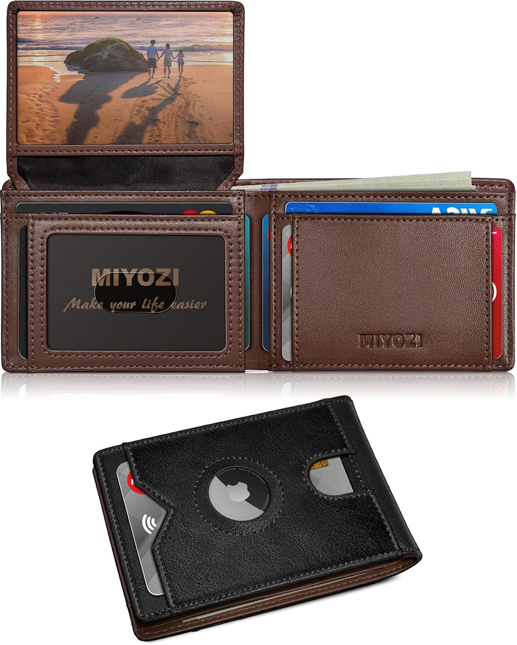 Airtag Wallet for Men,with Cash Pocket 2 ID Window 13 Cards,Slim Leather Wallet Front Pocket Card Holder RFID Blocking with Gift Box