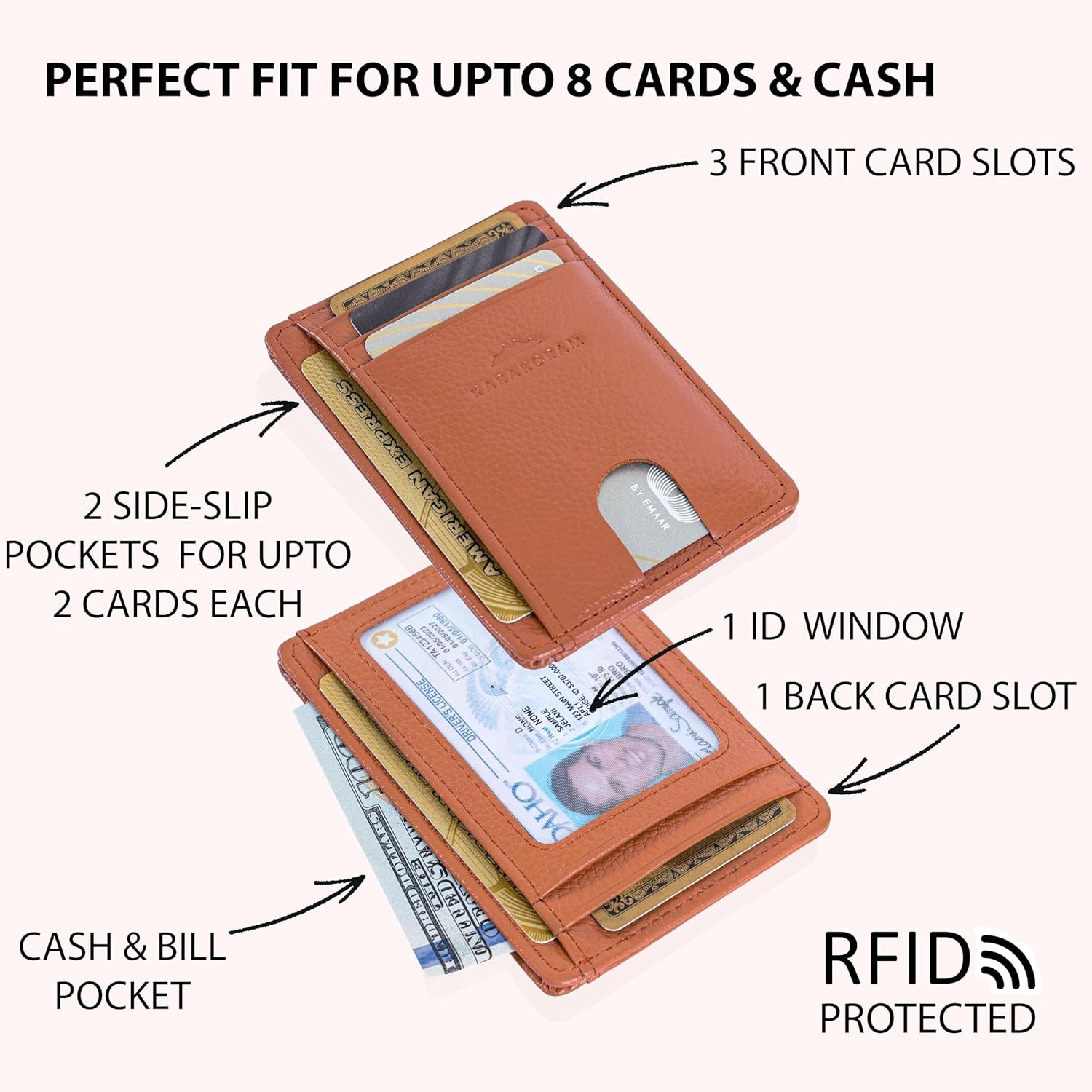 KARAKORAM Vertical Handcrafted Premium Leather Front Pocket Credit Card Holder with RIFD Protection | Artisan Made Slim Leather Wallet | Finger Glide Slots for Cards and ID (Rocky Terrain Brown)